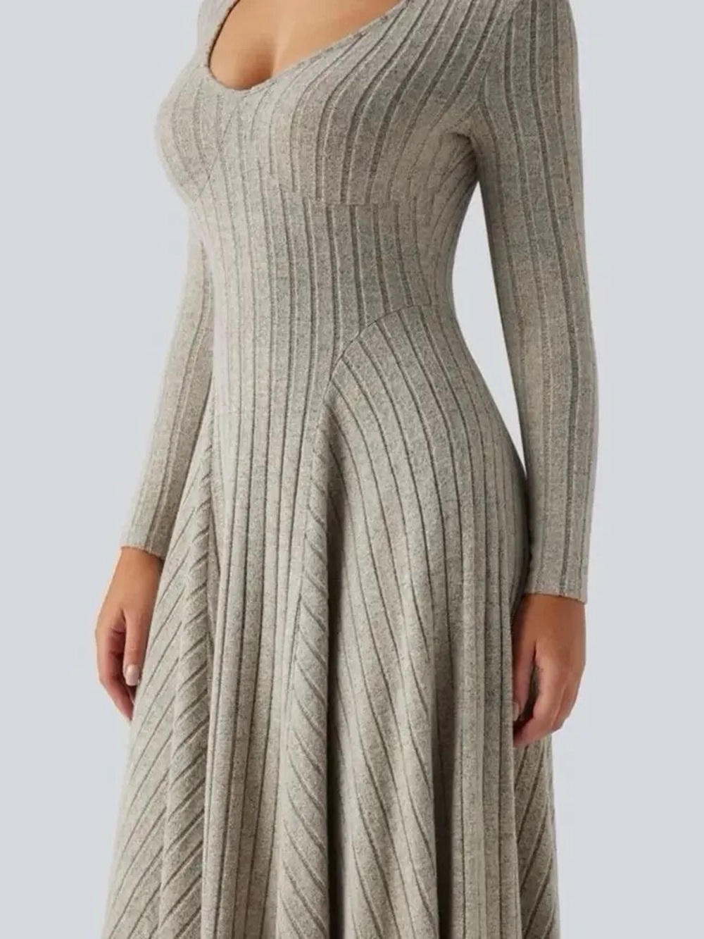 NWT HALARA Ribbed V‑Neck Long Sleeve Flared Knit Dress in Taupe Size M - Picture 7 of 8